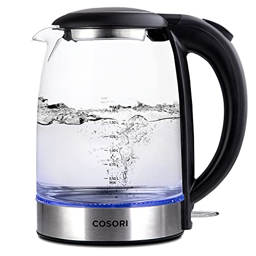 COSORI Electric Kettle 1.7L, 1500W Wide Opening Glass Tea Kettle & Hot Water Boiler, Stainless Steel Filter And Inner Lid, LED Indicator Auto Shut-Off & Boil-Dry Protection, Cordless, BPA Free, Black