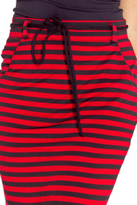 Skirt with pockets and drawstring - striped red-black 127-1