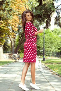 Numoco 13-111 Sports dress with binding and pockets - burgundy + polka dots