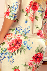 Numoco 13-121 Sports dress with pockets - beige linen + red flowers
