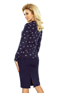 140-6 Blouse with bond - dark blue + flowers