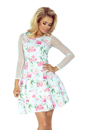 Dress with sleeves of tulle - White + pink flowers 141-5