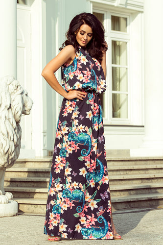 191-3 Long dress tied at the neck - chameleons and flowers