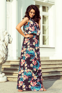 Numoco 191-3 Long dress tied at the neck - chameleons and flowers