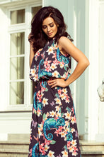Load image into Gallery viewer, 191-3 Long dress tied at the neck - chameleons and flowers