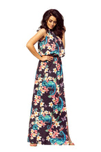 Load image into Gallery viewer, 191-3 Long dress tied at the neck - chameleons and flowers