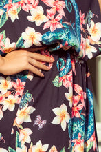 Load image into Gallery viewer, 191-3 Long dress tied at the neck - chameleons and flowers