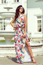 Load image into Gallery viewer, 191-4 Long dress tied at the neck - flowers on a white background