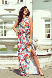 Numoco 191-4 Long dress tied at the neck - flowers on a white background