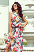 Load image into Gallery viewer, 191-4 Long dress tied at the neck - flowers on a white background
