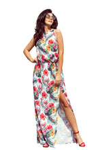Load image into Gallery viewer, 191-4 Long dress tied at the neck - flowers on a white background