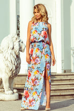 Load image into Gallery viewer, 191-5 Long dress tied at the neck - flowers on a blue background
