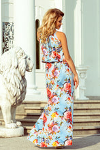 Load image into Gallery viewer, 191-5 Long dress tied at the neck - flowers on a blue background