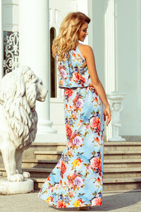 191-5 Long dress tied at the neck - flowers on a blue background