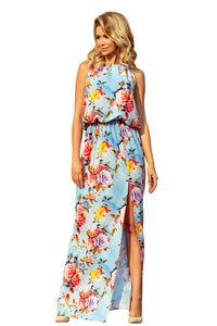 191-5 Long dress tied at the neck - flowers on a blue background