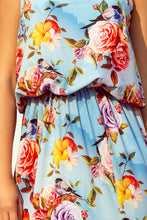 Load image into Gallery viewer, 191-5 Long dress tied at the neck - flowers on a blue background