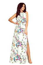 Load image into Gallery viewer, Numoco 191-6 Long dress tied at the neck - colorful roses and blue birds