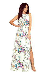 Numoco 191-6 Long dress tied at the neck - colorful roses and blue birds