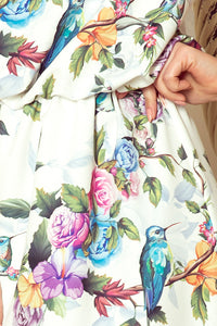 Numoco 191-6 Long dress tied at the neck - colorful roses and blue birds