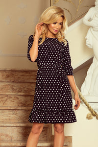 193-1 MAYA Dress with flounces and belt - black + white polka dots