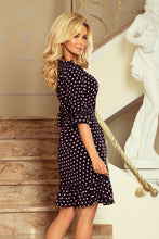 Load image into Gallery viewer, 193-1 MAYA Dress with flounces and belt - black + white polka dots