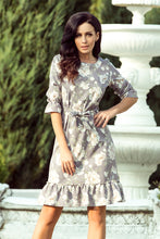 Load image into Gallery viewer, 193-4 MAYA Dress with flounces and belt - bright flowers + gray