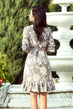 Load image into Gallery viewer, 193-4 MAYA Dress with flounces and belt - bright flowers + gray