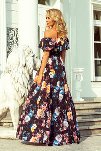 194-3 Long dress with frill - black + colorful flowers