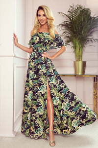 Numoco 194-4 Long dress with frill - green leaves and gold chains