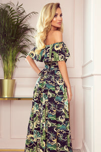 Numoco 194-4 Long dress with frill - green leaves and gold chains