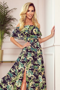 Numoco 194-4 Long dress with frill - green leaves and gold chains
