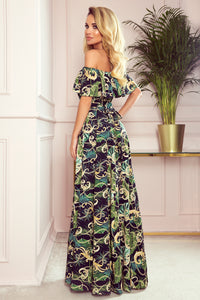 Numoco 194-4 Long dress with frill - green leaves and gold chains