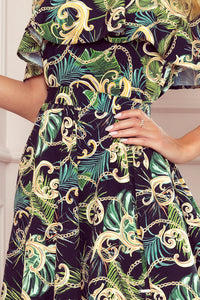 Numoco 194-4 Long dress with frill - green leaves and gold chains