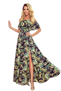 Numoco 194-4 Long dress with frill - green leaves and gold chains
