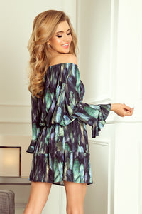 198-1 JULIE Dress with flounces on the sleeves - green feathers