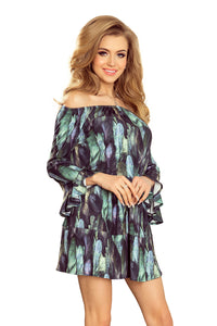 198-1 JULIE Dress with flounces on the sleeves - green feathers