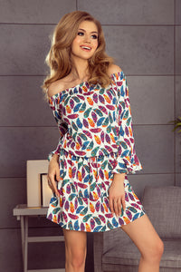 198-2 JULIE Dress with flounces on the sleeves - colorful feathers