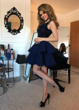 Load image into Gallery viewer, 200-2 CHARLOTTE - Exclusive dress with lace neckline - NAVY BLUE