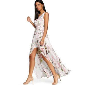 V-neck High Slit Floral Chiffon Flowy Dress