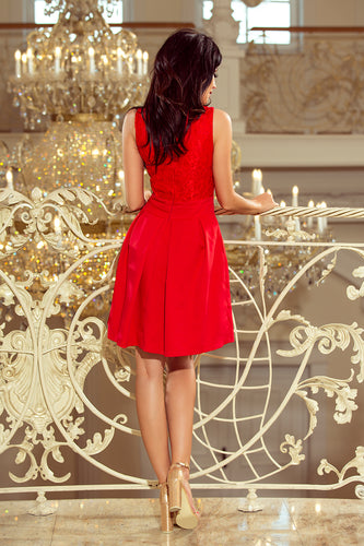208-2 Dress with lace neckline and pleats - red