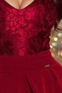 208-3 Dress with lace neckline and pleats - Burgundy color