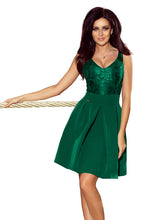 Load image into Gallery viewer, 208-4 Dress with lace neckline and pleats - dark green