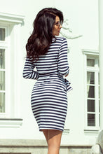 Load image into Gallery viewer, 209-1 Dress with a wide tied belt - navy blue stripes