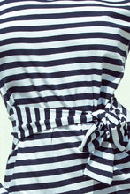 Load image into Gallery viewer, 209-1 Dress with a wide tied belt - navy blue stripes