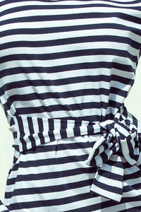 209-1 Dress with a wide tied belt - navy blue stripes