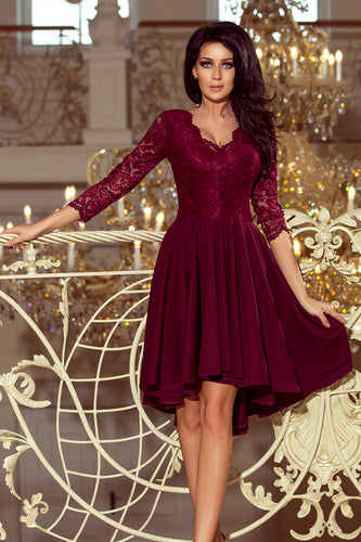 Numoco 210-1 NICOLLE - dress with longer back with lace neckline - burgundy color
