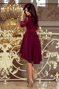 Numoco 210-1 NICOLLE - dress with longer back with lace neckline - burgundy color