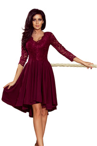 Numoco 210-1 NICOLLE - dress with longer back with lace neckline - burgundy color