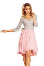 Load image into Gallery viewer, Numoco 210-5 NICOLLE - dress with longer back with lace neckline - pastel pink + gray
