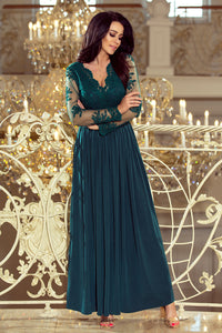 213-1 ARATI long dress with embroidered neckline and long sleeves - dark green